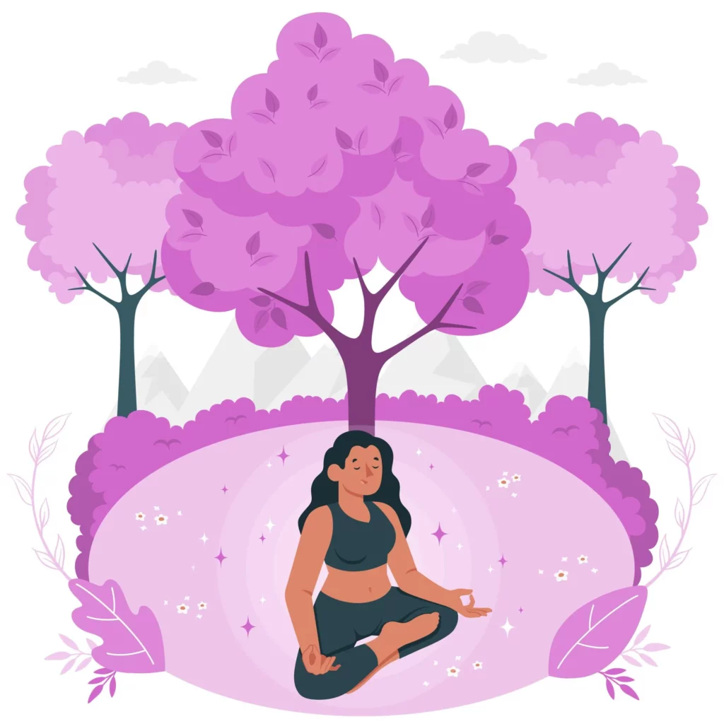 Illustration d'une femme méditant sous les arbres.