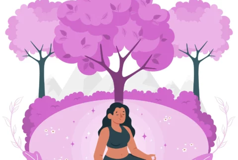 Illustration d'une femme méditant sous les arbres.