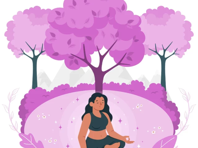 Illustration d'une femme méditant sous les arbres.
