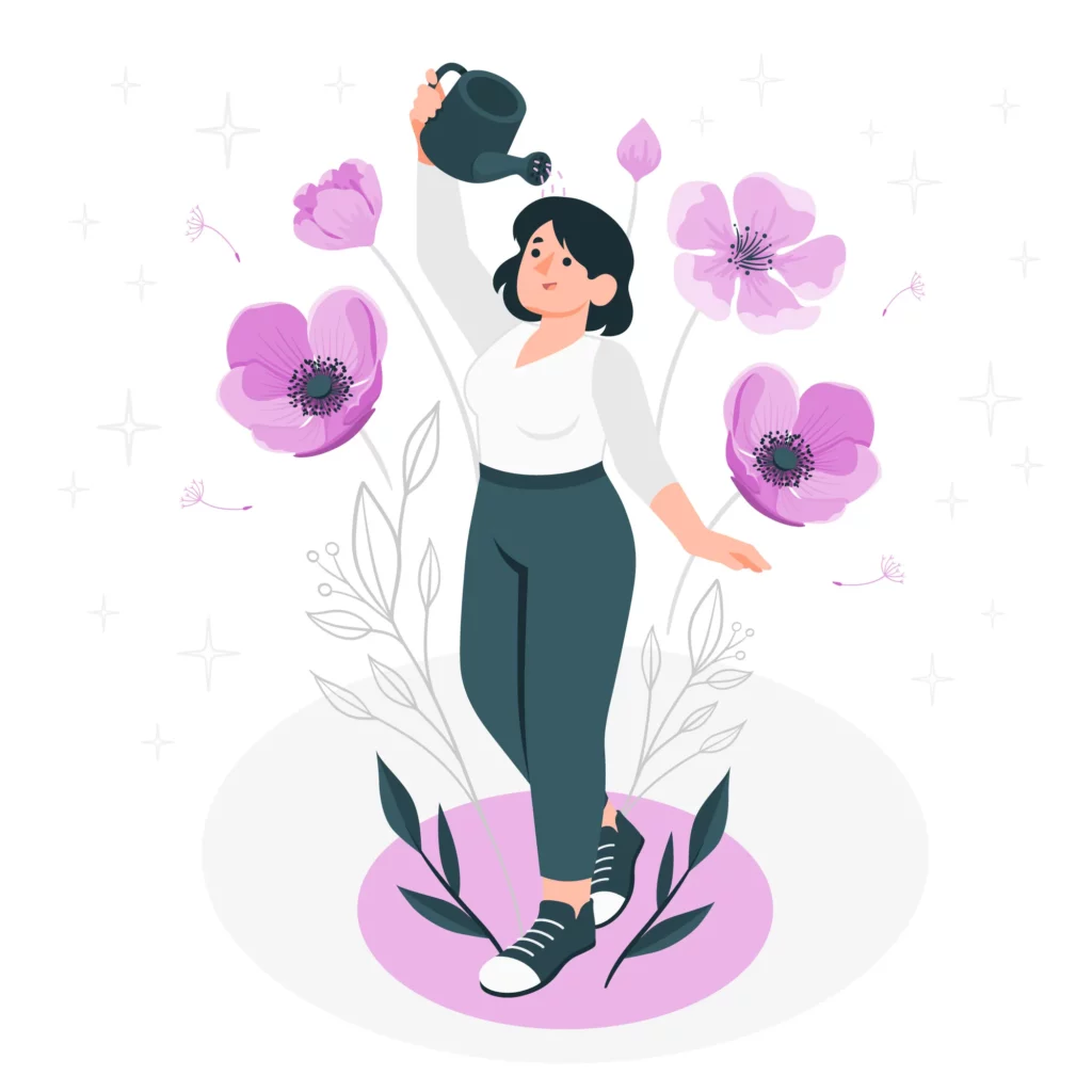 Illustration d'une femme en train de s'arroser avec un arrosoir.